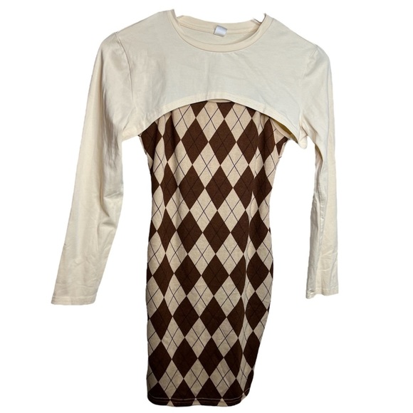 Shein Brown/Cream Quilted Dress W/Sweater Overlay - Picture 1 of 6